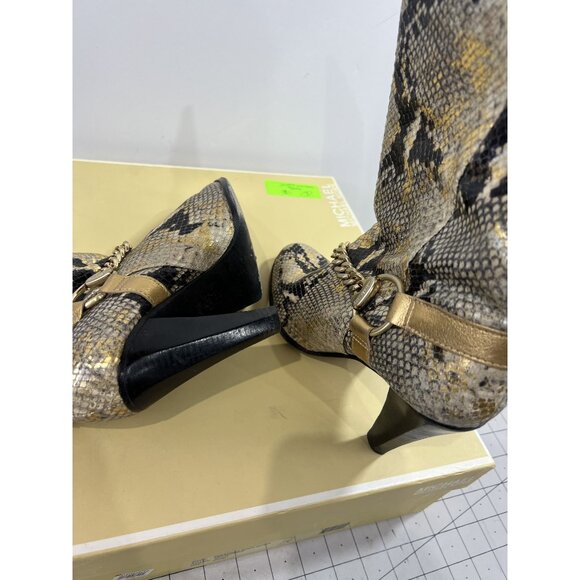 Michael Kors Gold Saratoga Boot Snake Skin Women's Sz. 8.5 Gold Chain Accent - Picture 7 of 13